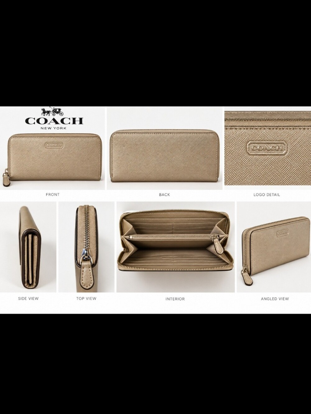 Coach Gold Metallic Zip-Around Leather Wallet